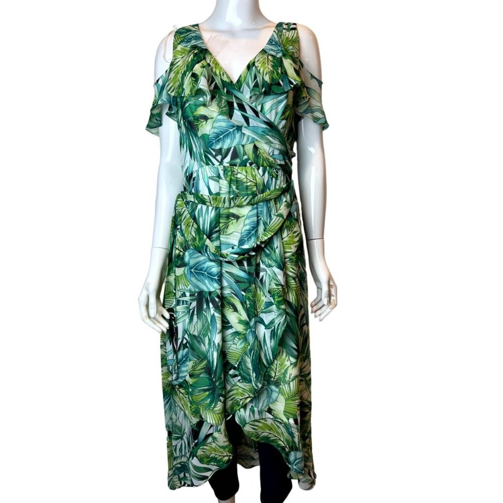 SLNY Women Asymmetrical Sheath Wrap Dress Leaf Print Tie Waist Ruffle Green SZ 6